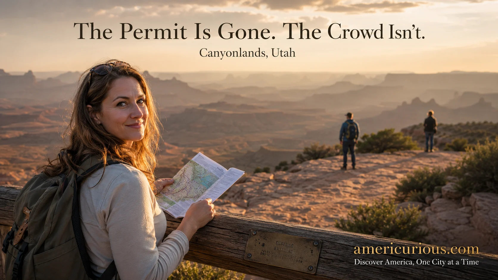 Woman reading a map at a quiet canyon overlook, illustrating national park alternatives to avoid crowds — americurious.com