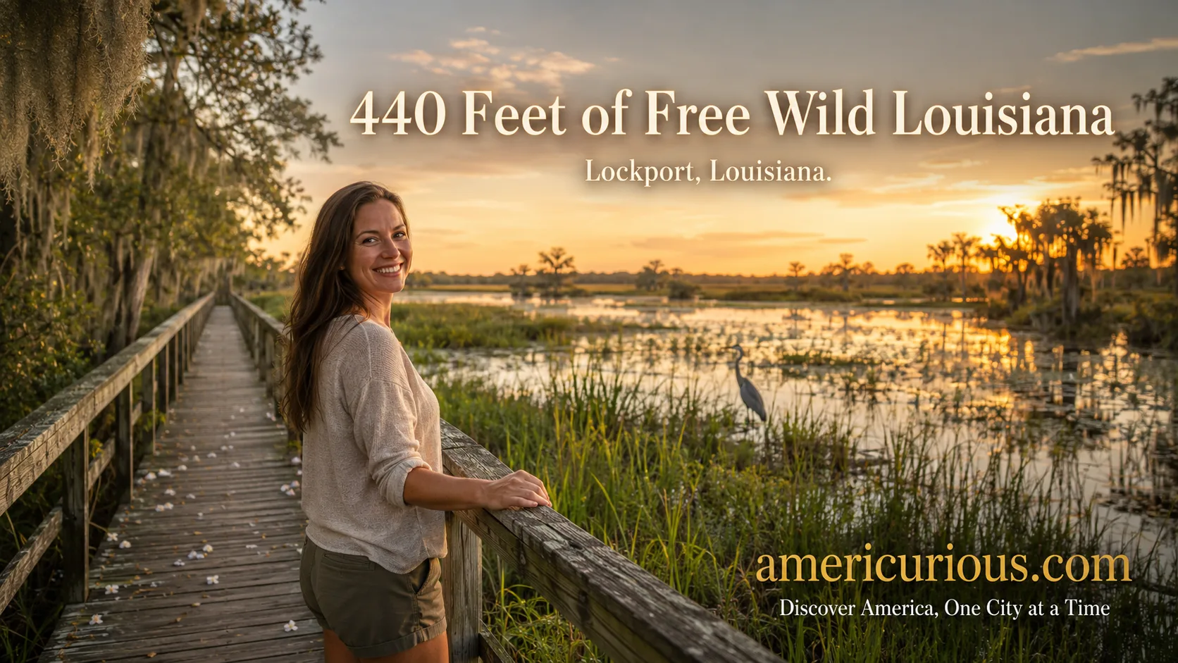 Woman smiling on Lockport Louisiana wetlands boardwalk at golden hour, Bayou Lafourche Cajun Country travel guide — americurious.com
