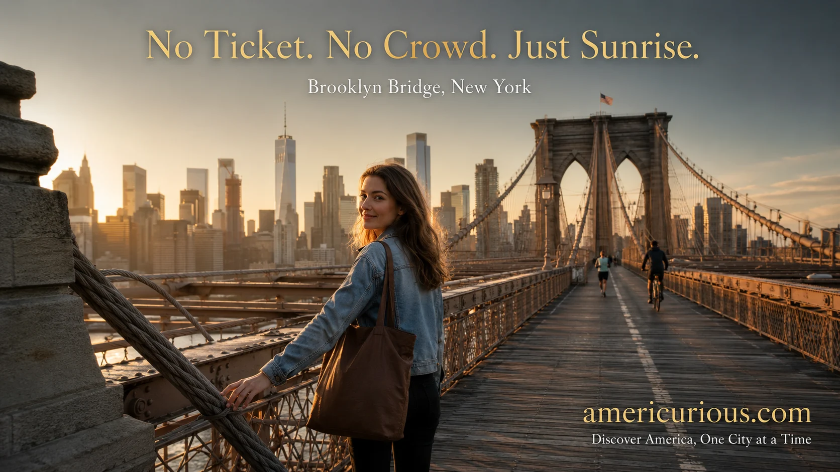 Woman walking the Brooklyn Bridge at golden sunrise — one of 41 free things to do in New York City, guide by americurious.com