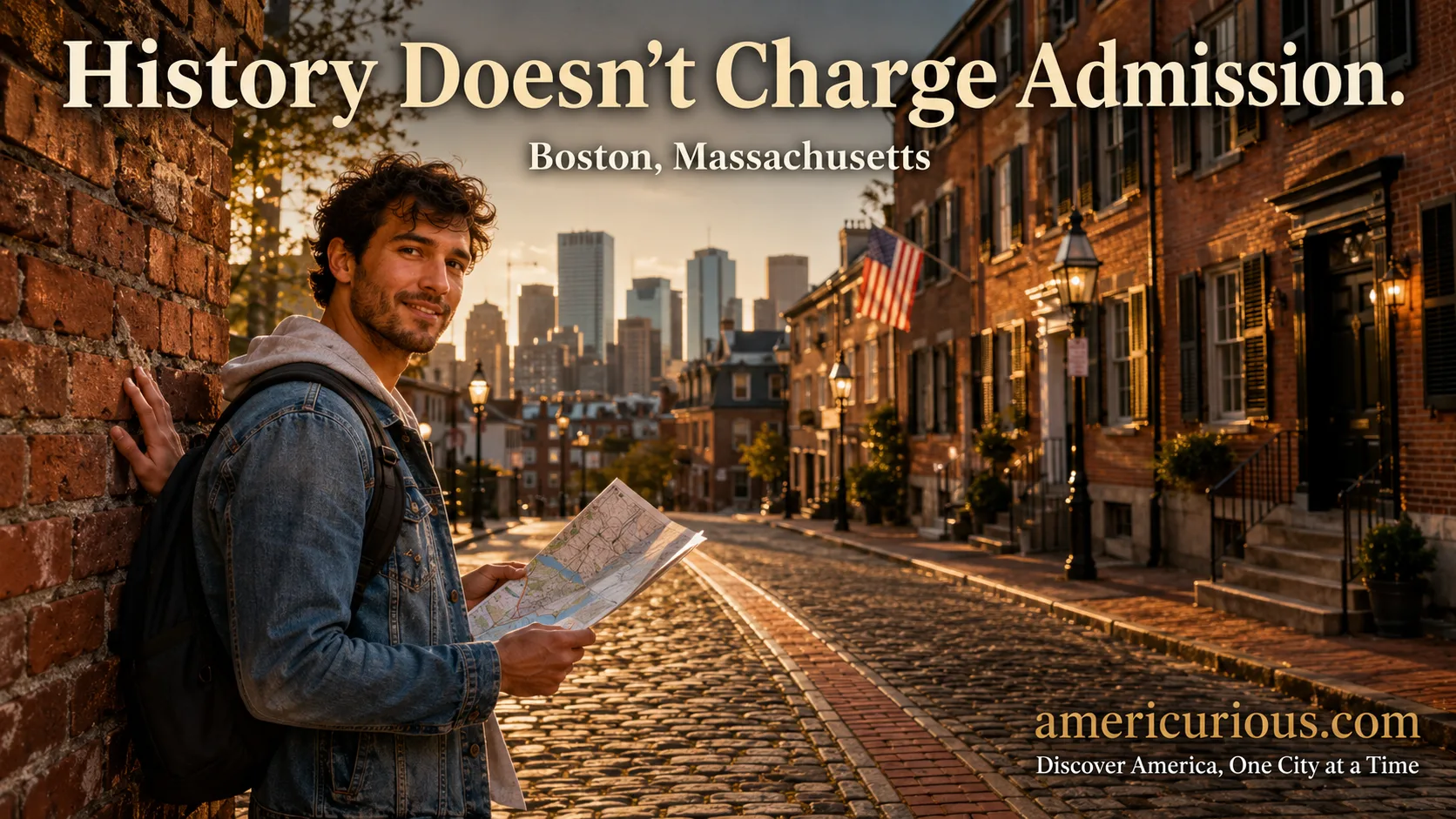 A traveler smiling at the camera while leaning against the red brick Freedom Trail in Boston, Massachusetts, with the downtown skyline in the background, illustrating free things to do in Boston. Image concept by americurious.com.