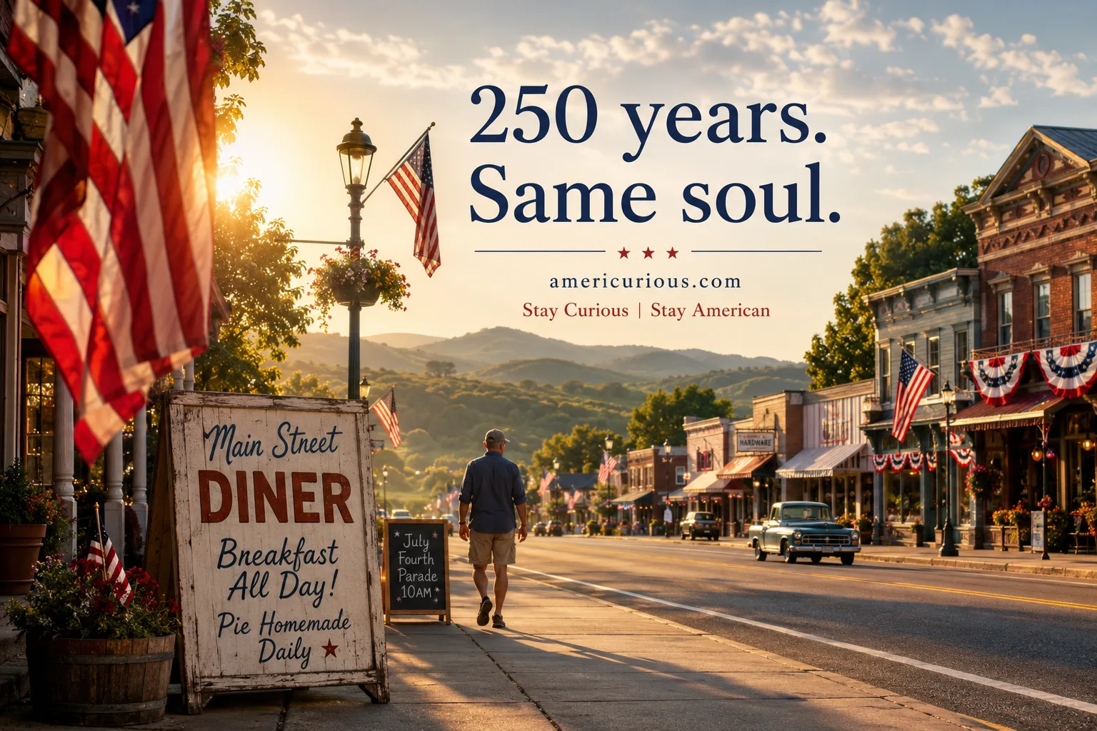 A small-town American main street bathed in summer morning light, with flags and bunting, evoking the spirit of the American character at 250 years