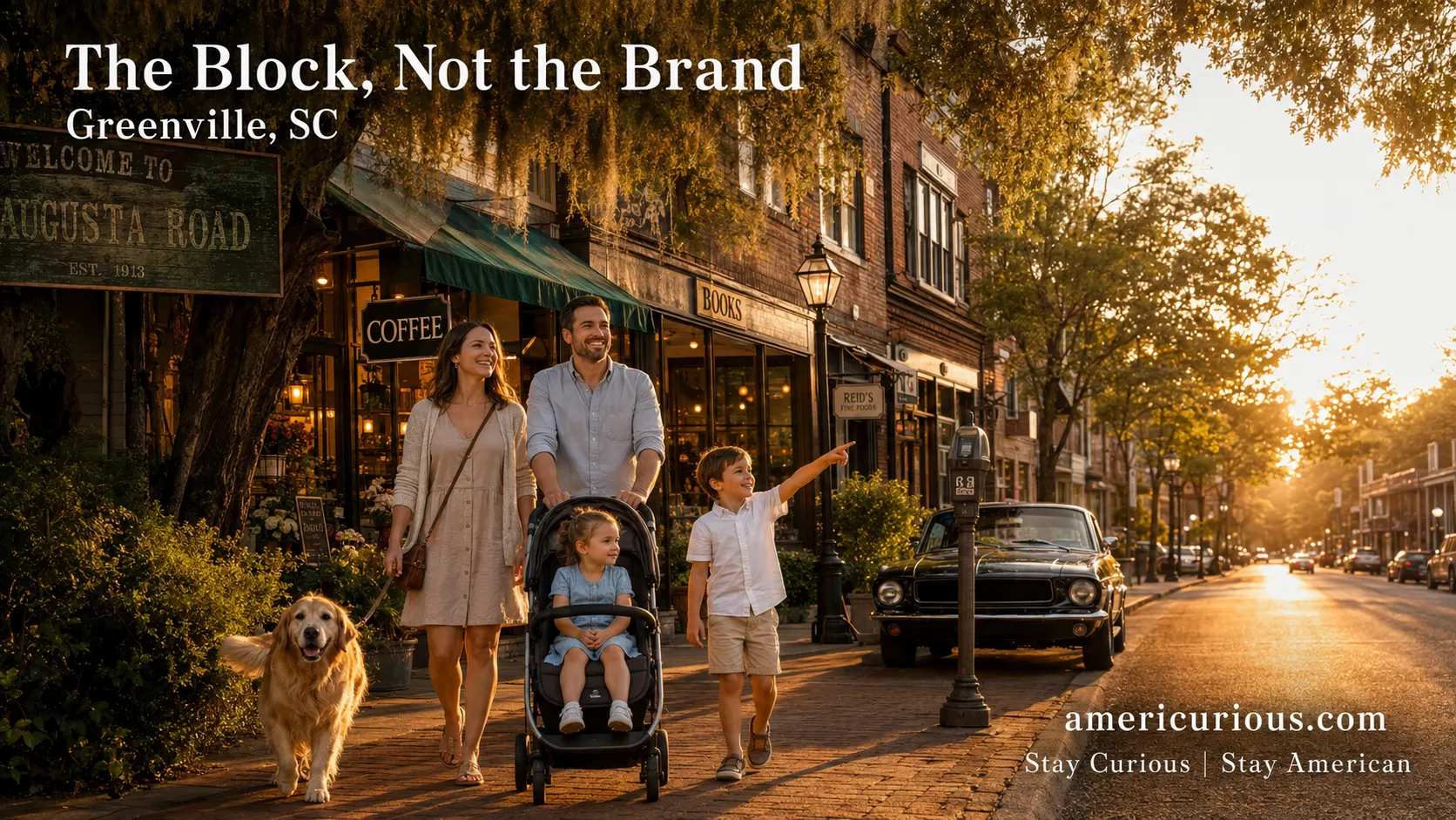 A family walks near a historic brick building on Augusta Road in Greenville SC, the best neighborhood for walkable prestige and dining, during golden hour. Americurious