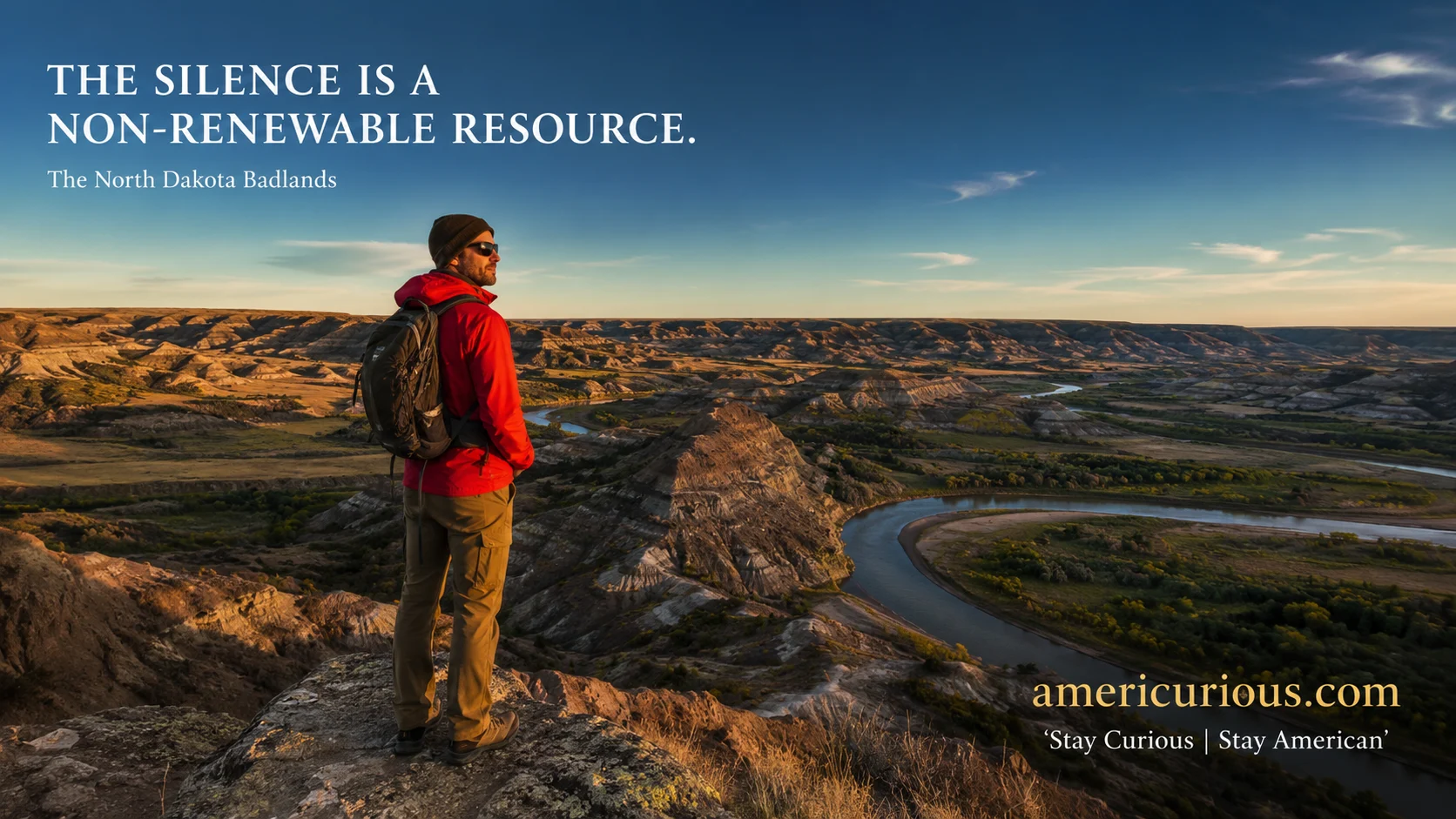 A hiker in a red jacket overlooks the winding river and colorful Badlands in Theodore Roosevelt National Park on a North Dakota road trip. americurious