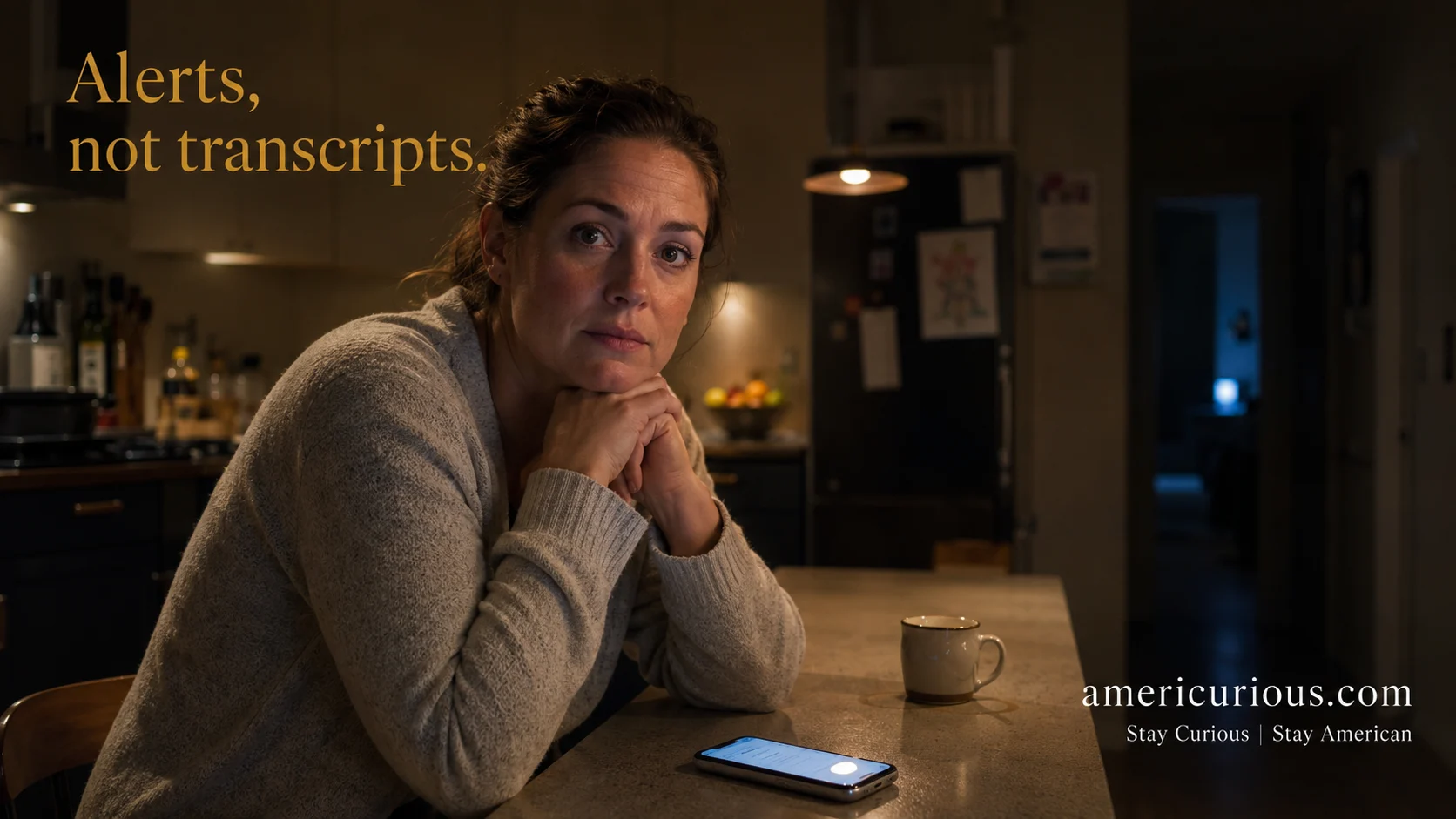 A mother reads a parental control app alert on her phone at a kitchen counter late at night, illustrating Bark App's monitoring approach — americurious.com review of the best parental control app for teens.