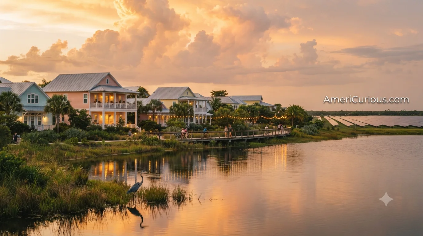 A golden-hour view of Babcock Ranch, Florida, showing a lakeside trail, pastel homes, and a distant solar panel field under a pink sunset sky