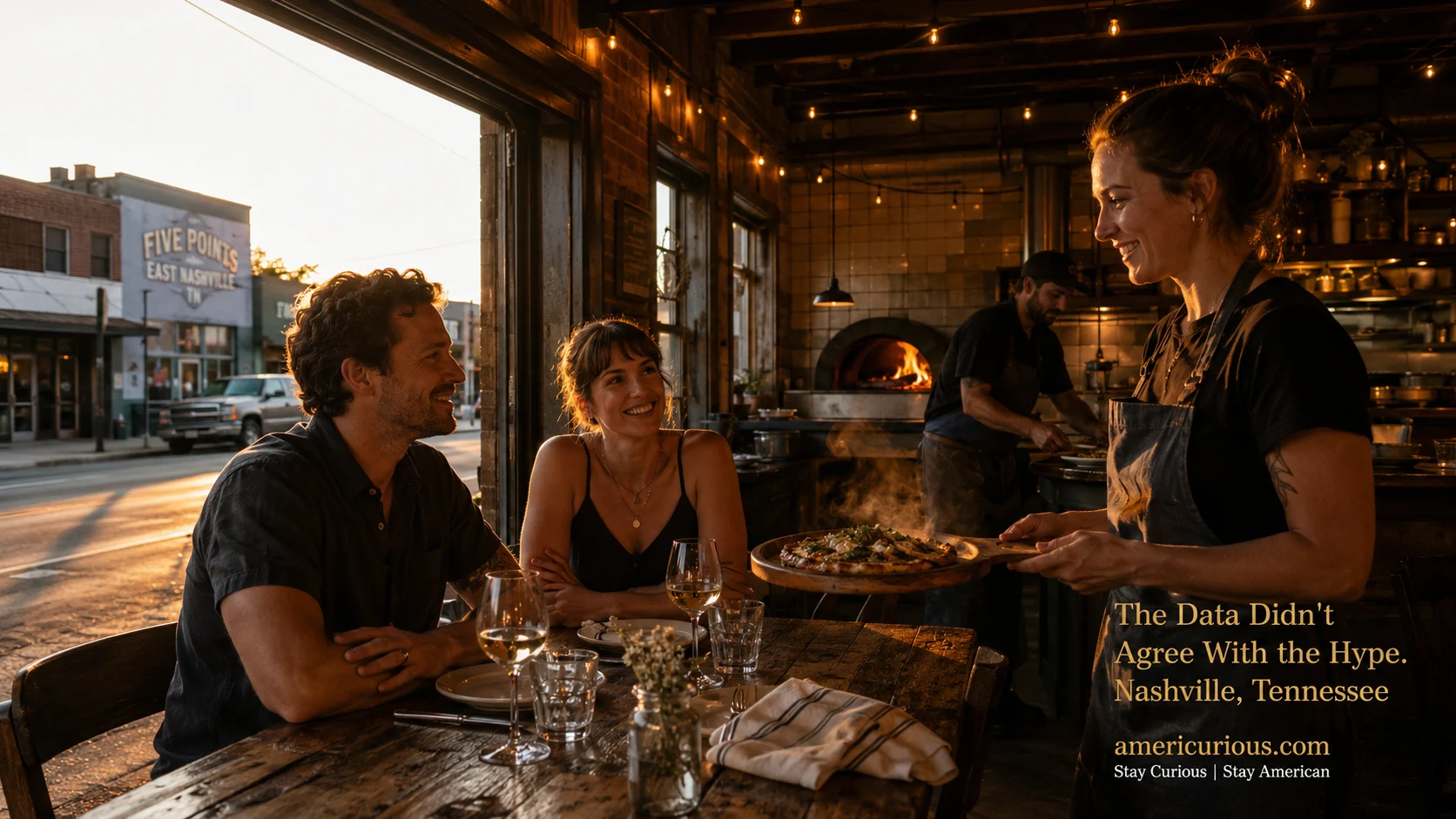 Best restaurants in Nashville, TN — diners enjoying wood-fired dinner at golden hour in East Nashville | americurious.com
