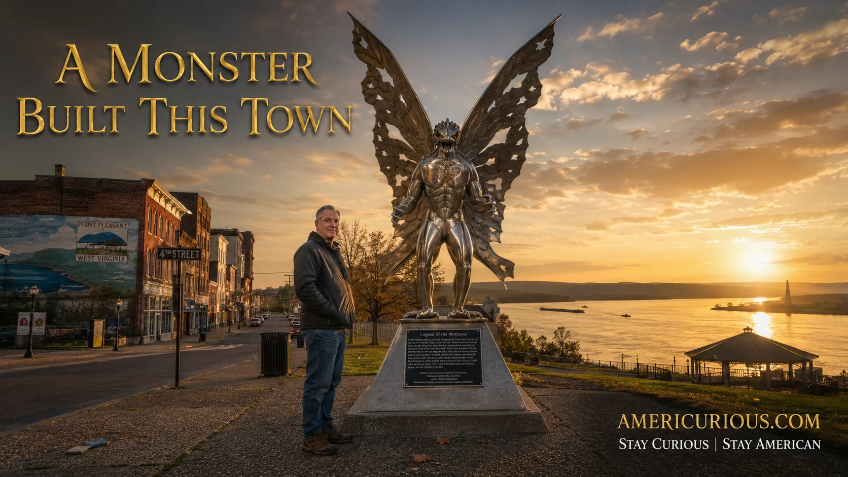 Chrome Mothman statue in Point Pleasant West Virginia at golden hour with visitor admiring the 12-foot monument, Ohio River confluence in background, downtown buildings visible, americurious.com travel guide to Mothman tourism and West Virginia cryptid attractions