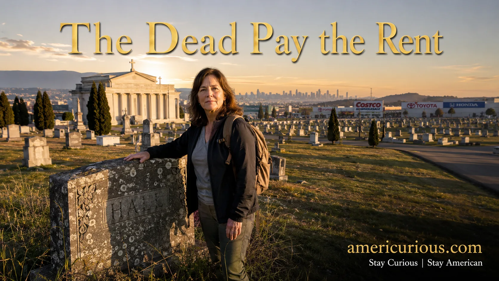 Colma California cemetery at golden hour showing visitor at Cypress Lawn Memorial Park with 1.5 million graves, marble mausoleum, and distant car dealerships - americurious.com dark tourism Bay Area