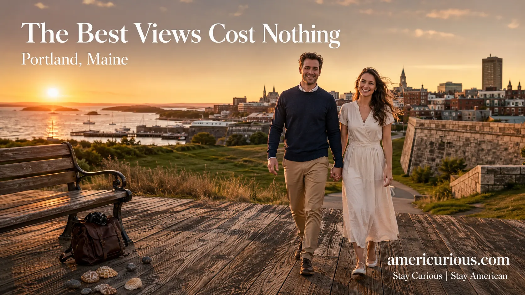 Couple walking Eastern Promenade at sunset in Portland Maine with Casco Bay view - free things to do Portland ME from americurious.com budget travel guide