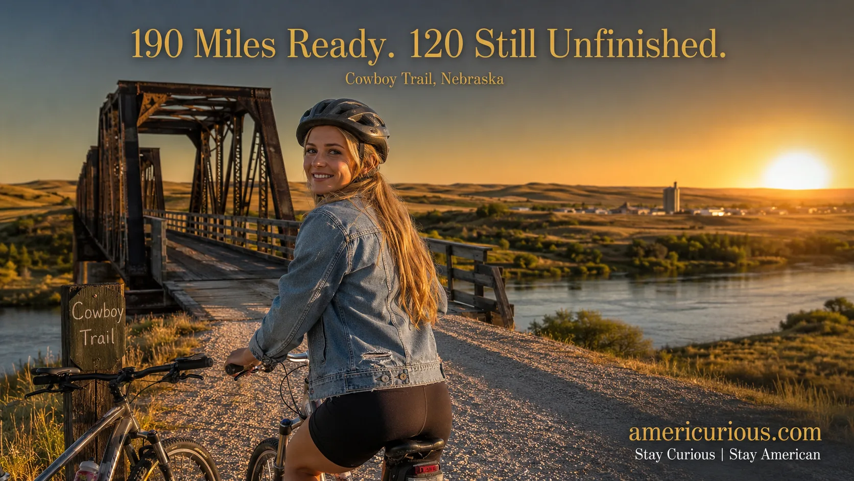 Cyclist crossing a golden-hour railroad-trestle bridge on the Cowboy Trail Nebraska visitor guide route, Great American Rail-Trail — americurious.com
