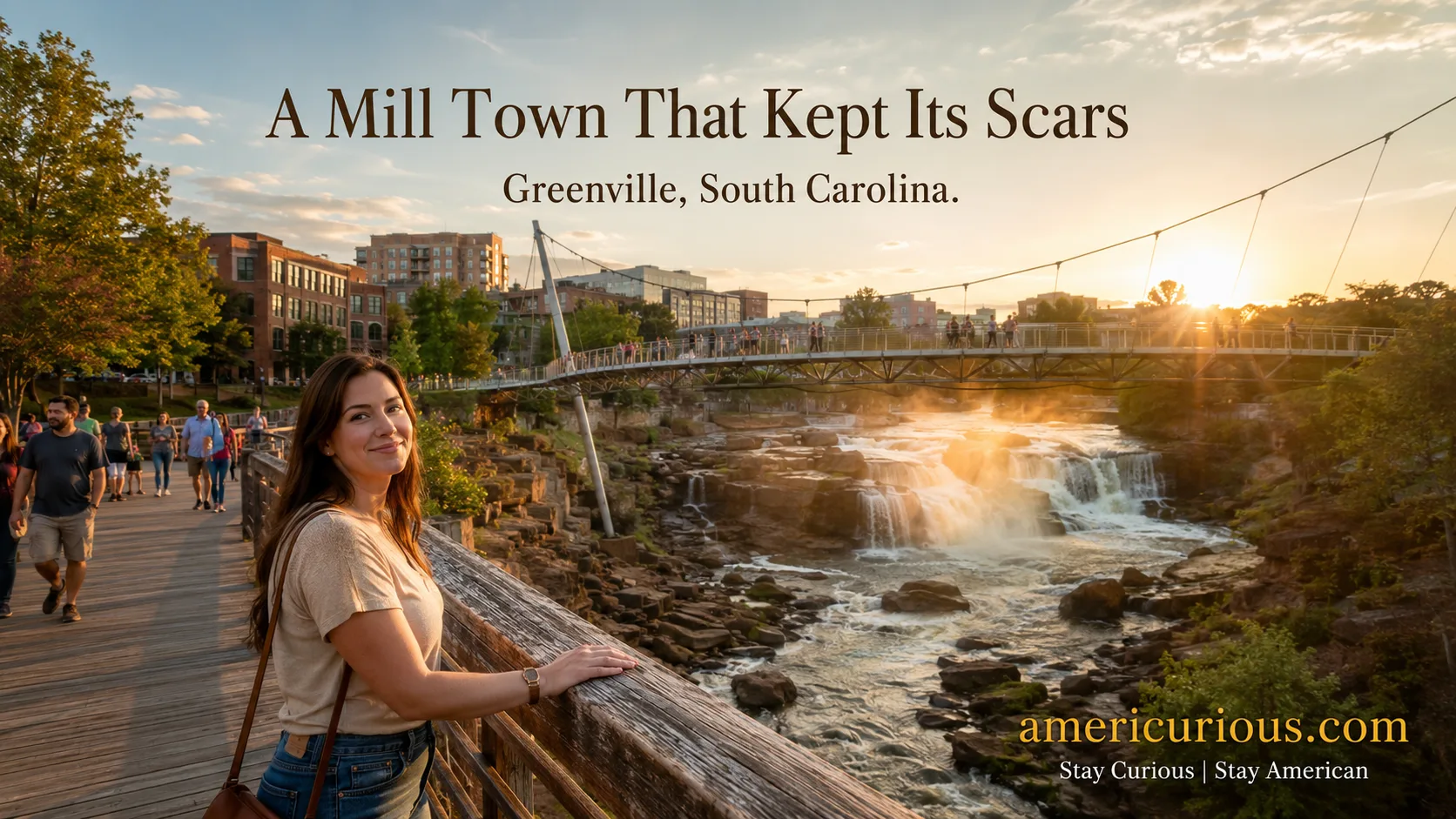 Falls Park and Liberty Bridge at golden hour in Greenville, South Carolina — americurious.com Upstate travel guide