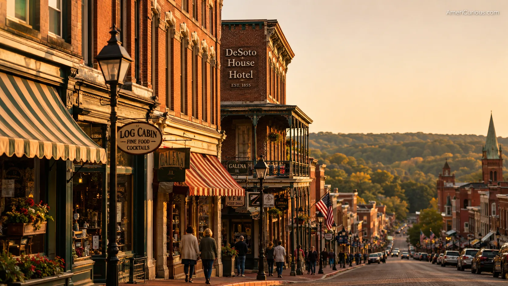 Golden-hour view of Galena, Illinois's historic Main Street with 1850s brick storefronts and the DeSoto House Hotel.