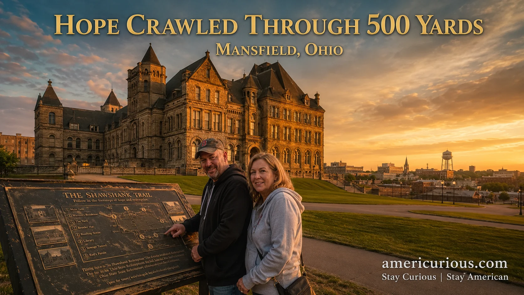 Golden hour view of Ohio State Reformatory in Mansfield Ohio with Shawshank Redemption filming location trail map and visitors exploring the Rust Belt town's tourism revival - americurious