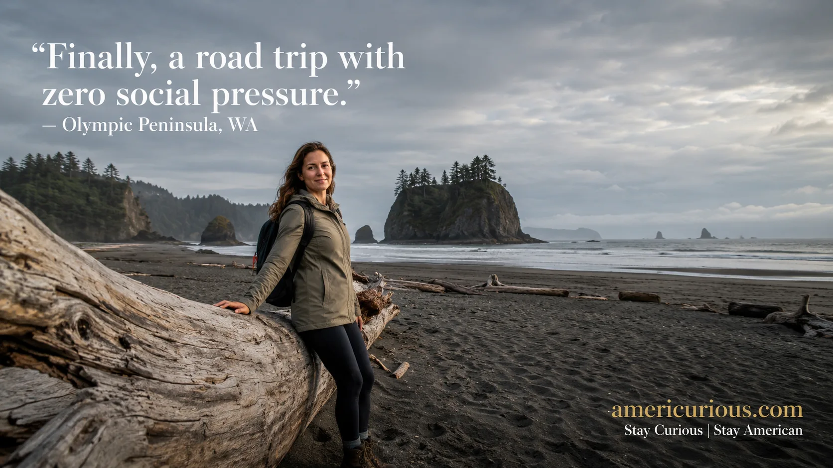 Solo female traveler on Ruby Beach driftwood, Olympic Peninsula Loop road trip Washington State. americurious