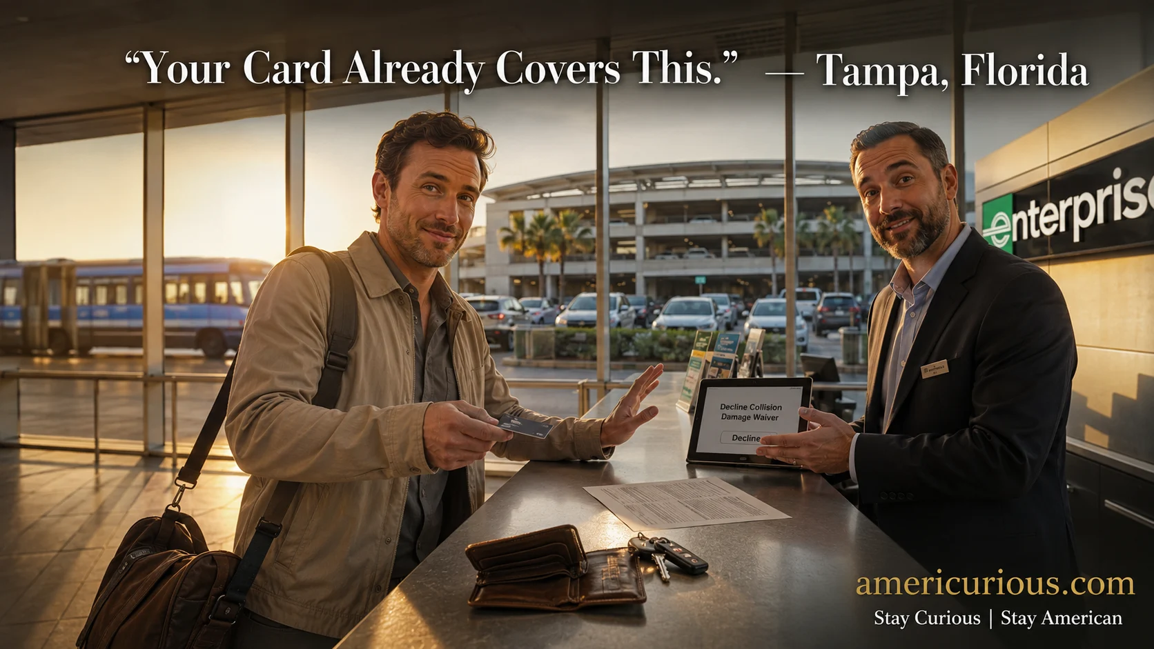 Traveler declining rental car insurance at airport counter, using credit card travel perks | americurious.com