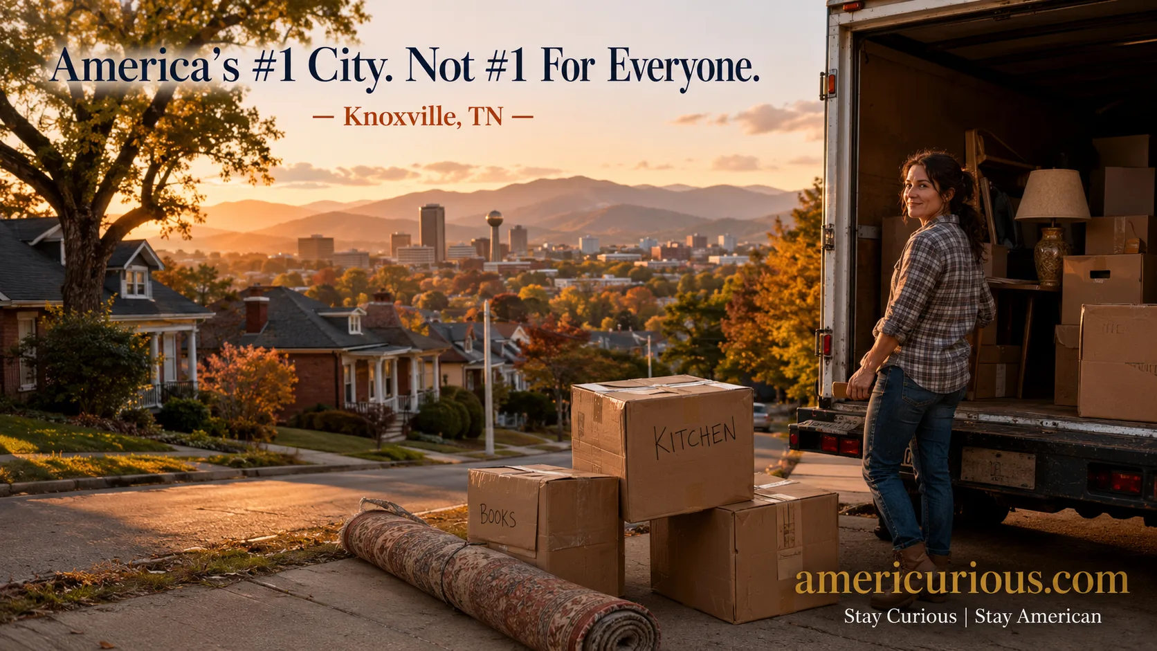 Woman moving to Knoxville TN unpacks boxes with Smoky Mountains skyline behind her | americurious.com