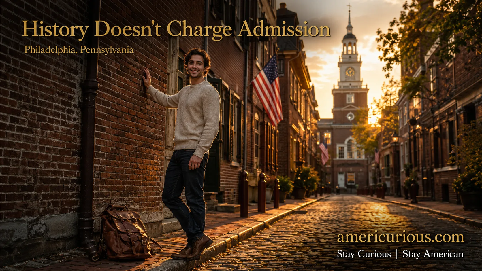 Young traveler exploring Philadelphia's Old City cobblestone streets at golden hour near Independence Hall, discovering free things to do in Philadelphia PA - americurious.com budget travel guide