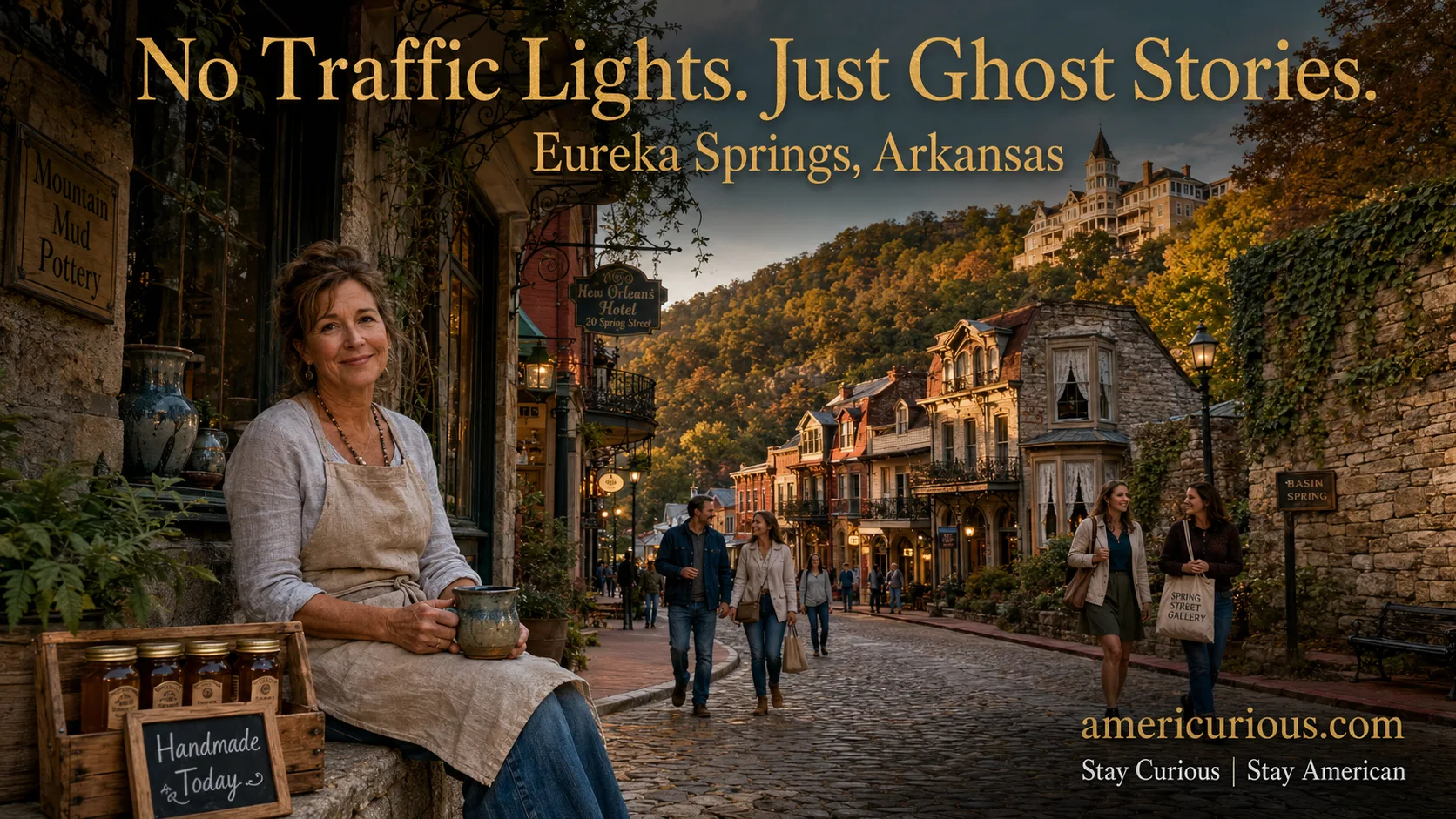 Golden-hour view of historic Spring Street in Eureka Springs, Arkansas, showing Victorian gingerbread storefronts, Ozark hillside, and the Crescent Hotel — americurious.com travel guide