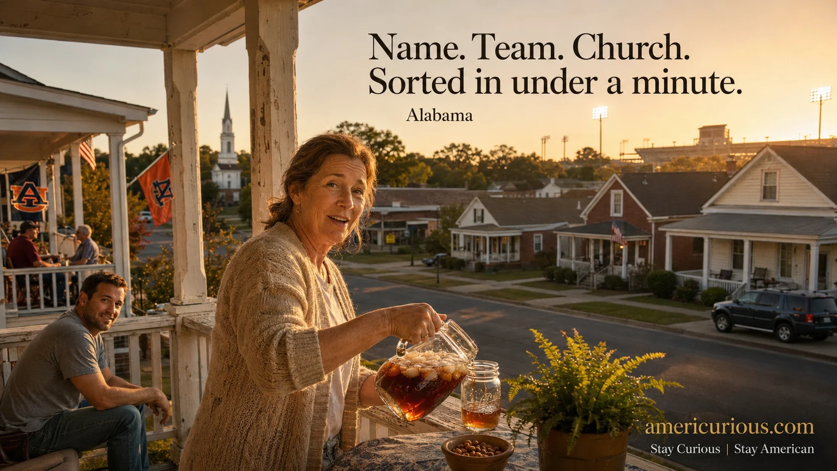 Alabama unspoken social rules — porch gathering with church steeple and stadium lights at dusk | americurious.com