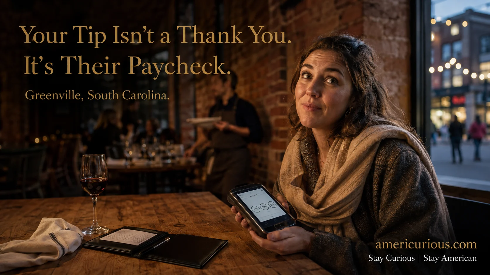 Diner reviewing a tip-percentage screen at a Greenville, SC restaurant — why do Americans tip, explained on americurious.com