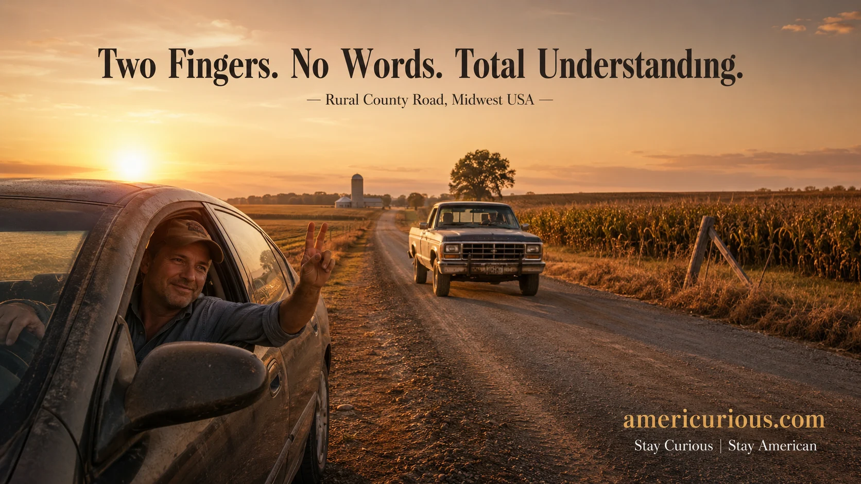Driver waves two fingers off steering wheel passing truck on rural country road — americurious.com farmer wave tradition