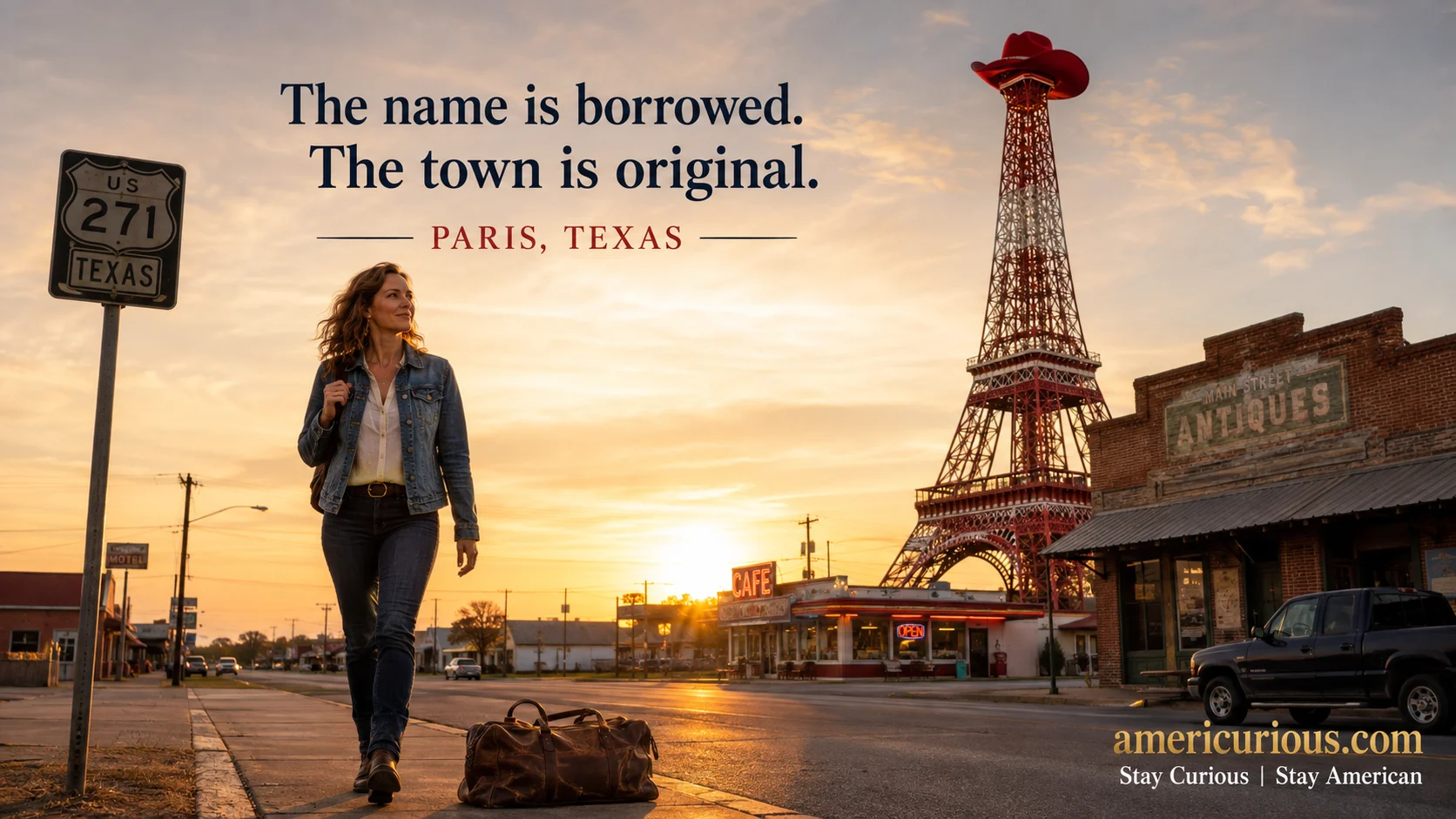 Golden-hour photo of the Eiffel Tower replica with its red cowboy hat in Paris, Texas, as a traveler walks toward the camera on Main Street — an American copycat town names story from americurious.com