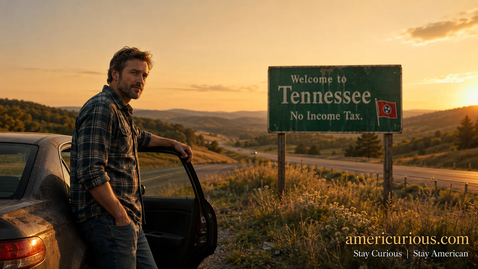 Traveler at Tennessee state welcome sign highlighting no income tax states 2026