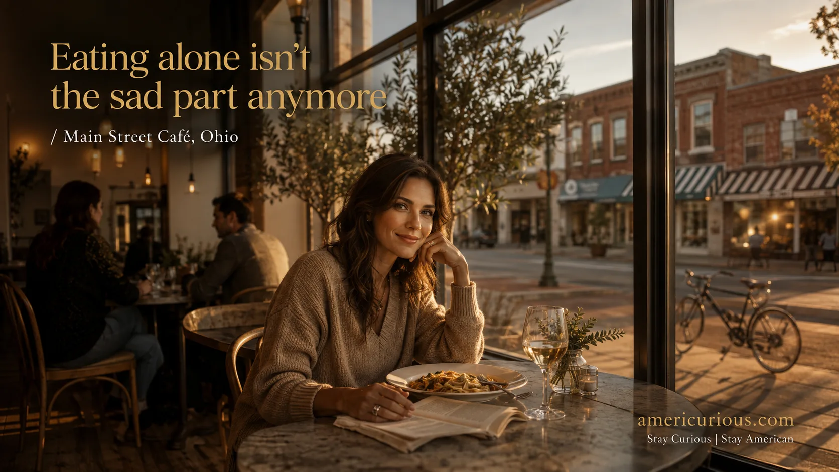 Woman dining solo at golden-hour café table — America's 2026 solo dining trend | americurious.com