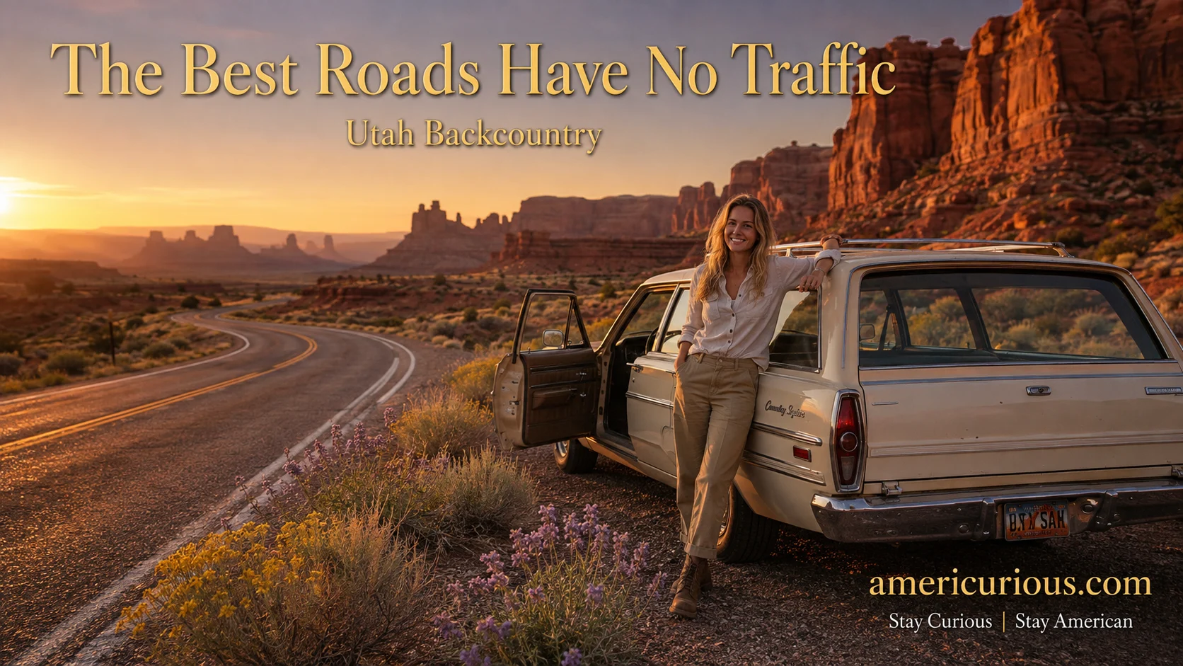 Woman standing beside vintage station wagon on empty Utah desert highway at golden hour, uncrowded road trips USA, scenic backroad travel, americurious.com