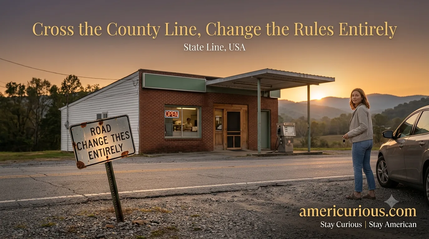 Golden-hour rural state line gas station illustrating why alcohol laws vary by state across the US — americurious.com