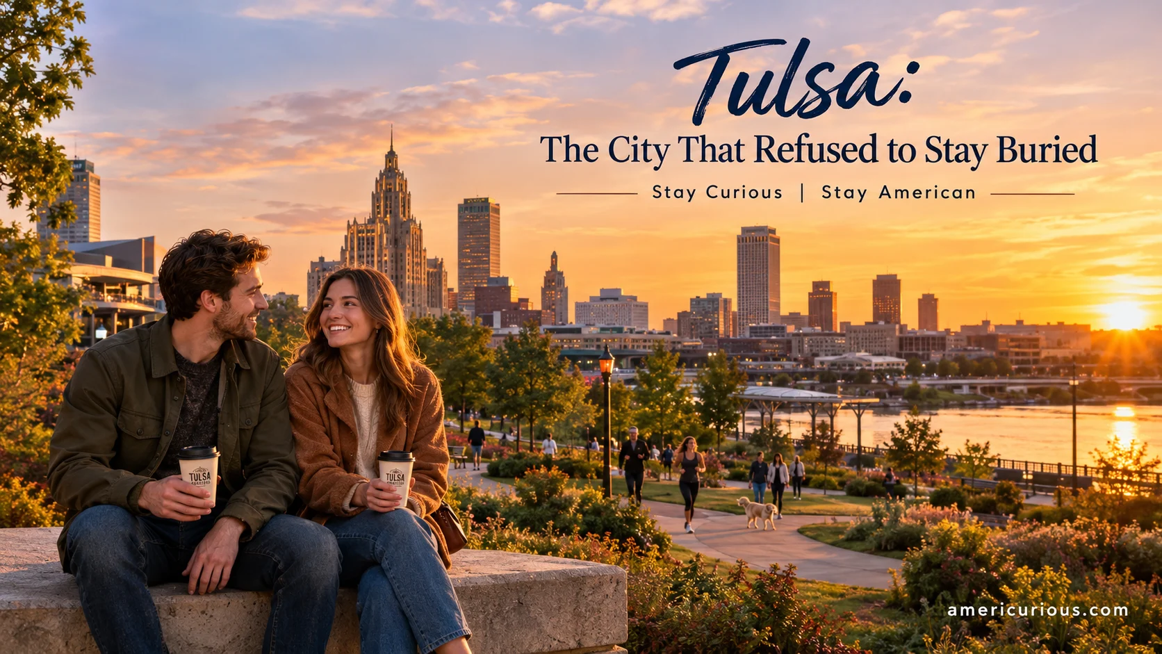 A couple enjoys coffee at The Gathering Place park with the Tulsa Art Deco skyline and Arkansas River in the background at sunset. americurious.com Tulsa travel guide.