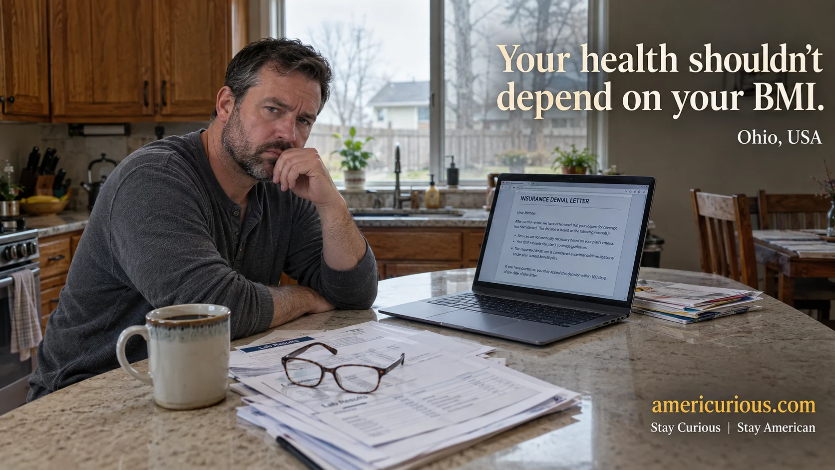 A man reviewing a GLP-1 insurance denial letter at his kitchen table, illustrating metabolic health and weight regain strategies. Image by americurious