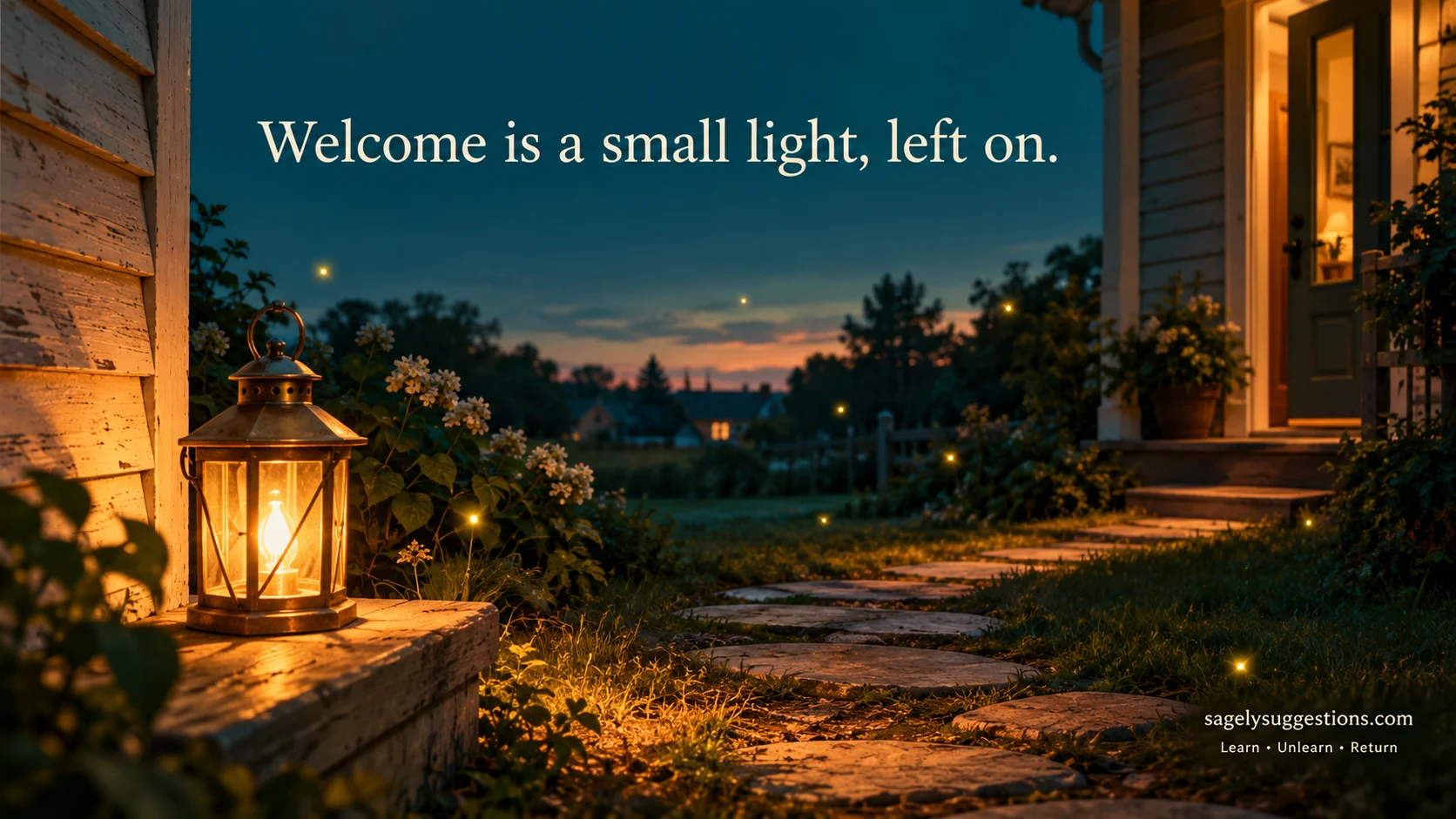 A warm porch lantern glows on a path to an open door at dusk, illustrating how to make guests feel welcome