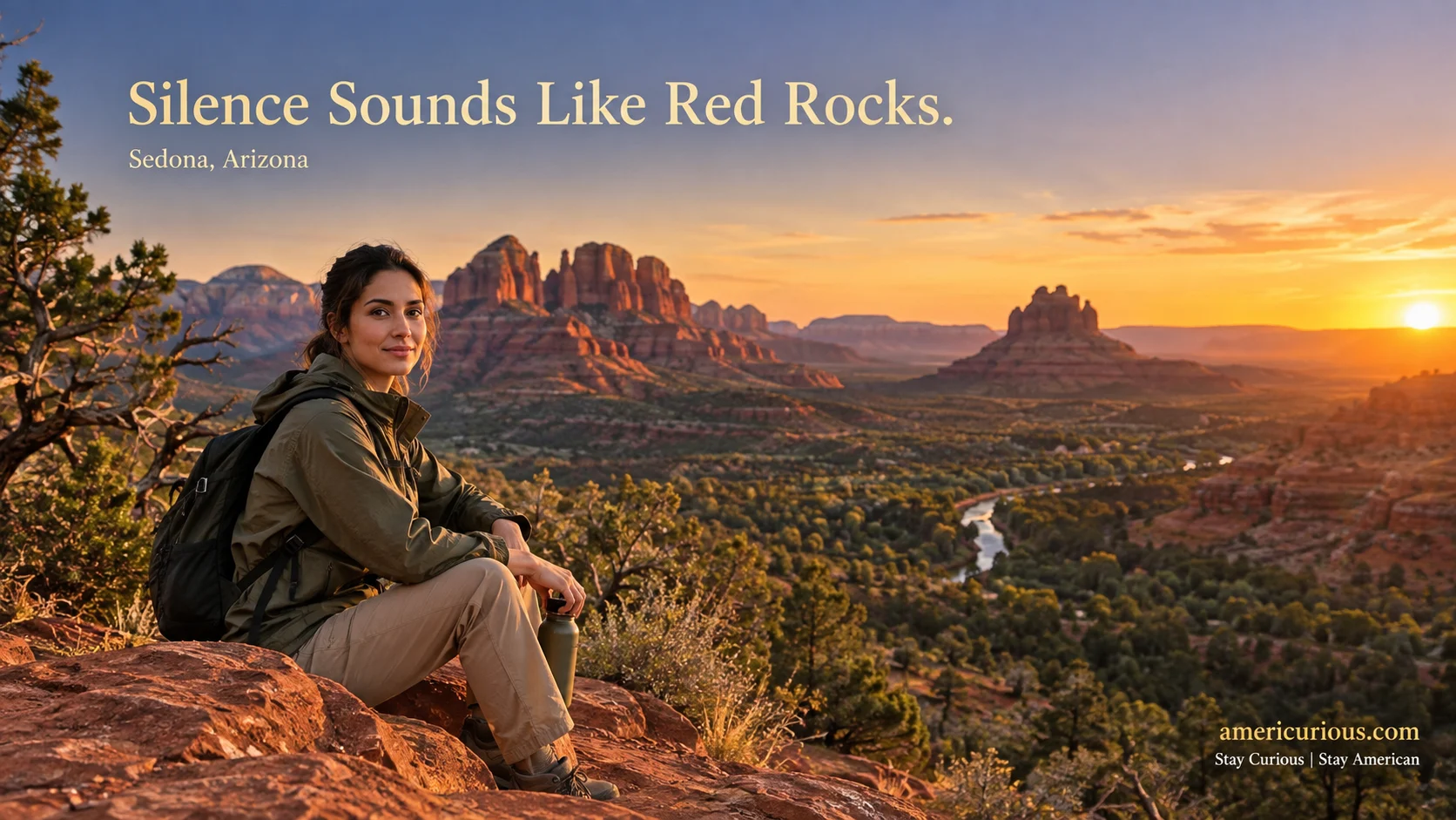 A woman sits on Airport Mesa in Sedona Arizona at sunset, smiling calmly at the camera with red rock buttes in the background. americurious.com Sedona travel guide