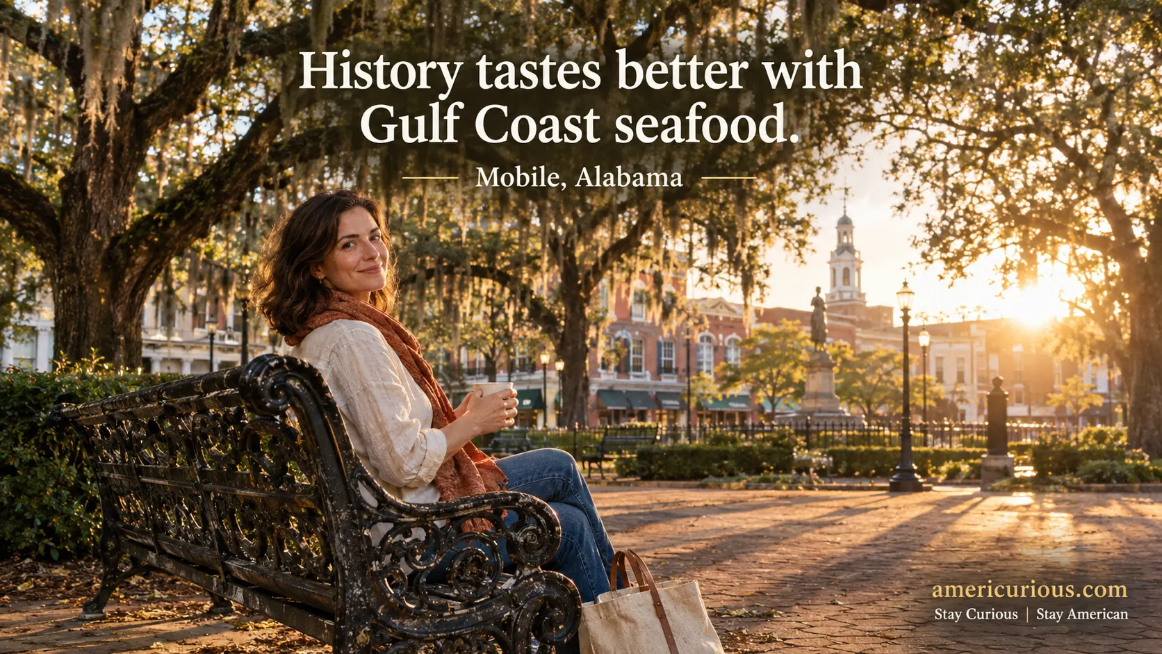 A woman smiling warmly at the camera while seated on a historic bench in Bienville Square during golden hour, showcasing Mobile Alabama travel guide and Gulf Coast road trip secrets. americurious.com