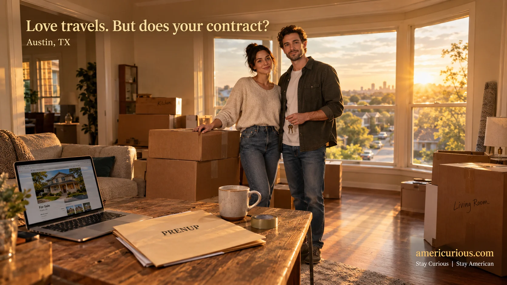 A young couple reviewing a prenup folder amidst moving boxes during golden hour, illustrating if a prenup is valid in another state on americurious.com