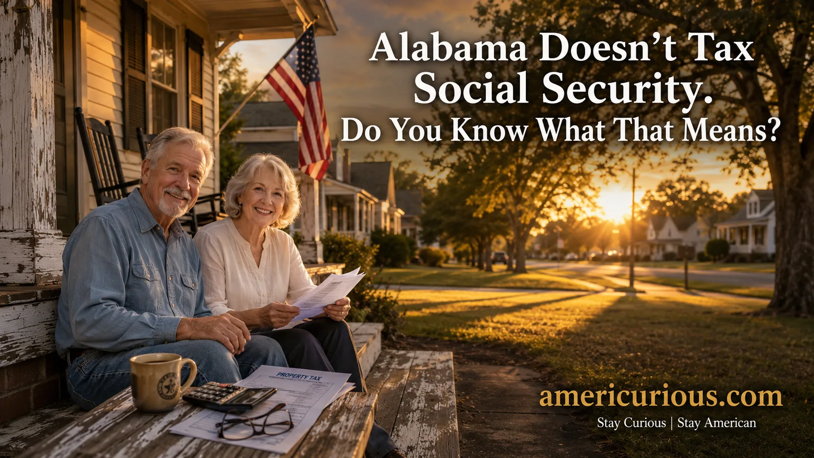 Senior couple on Alabama porch reviewing property tax exemption forms at golden hour, understanding H-2 H-3 H-4 homestead benefits, americurious.com guide to Alabama senior property tax relief 2026