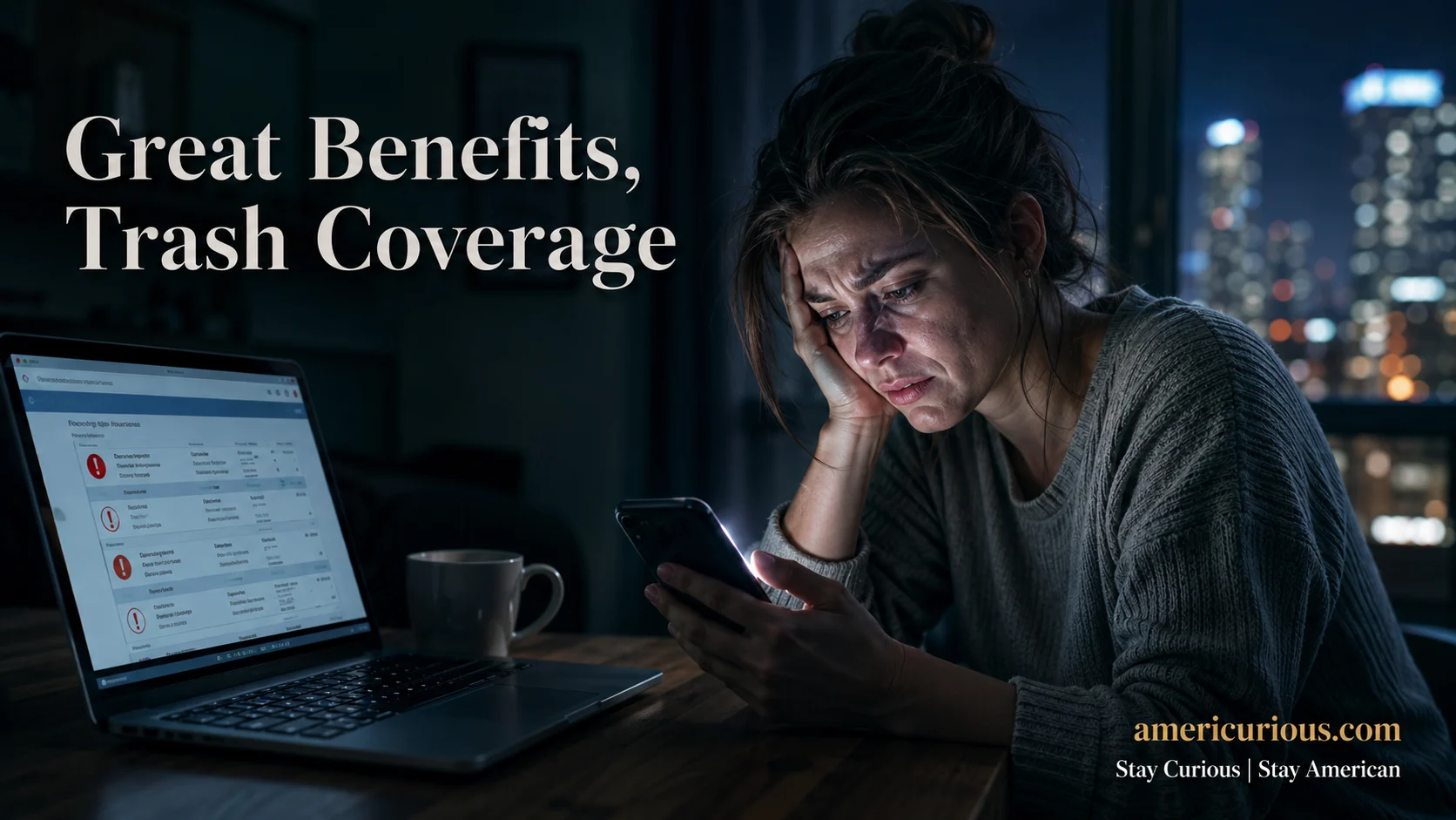 Caucasian woman with tired eyes sits alone at a modern wooden desk in a dimly lit apartment room at night