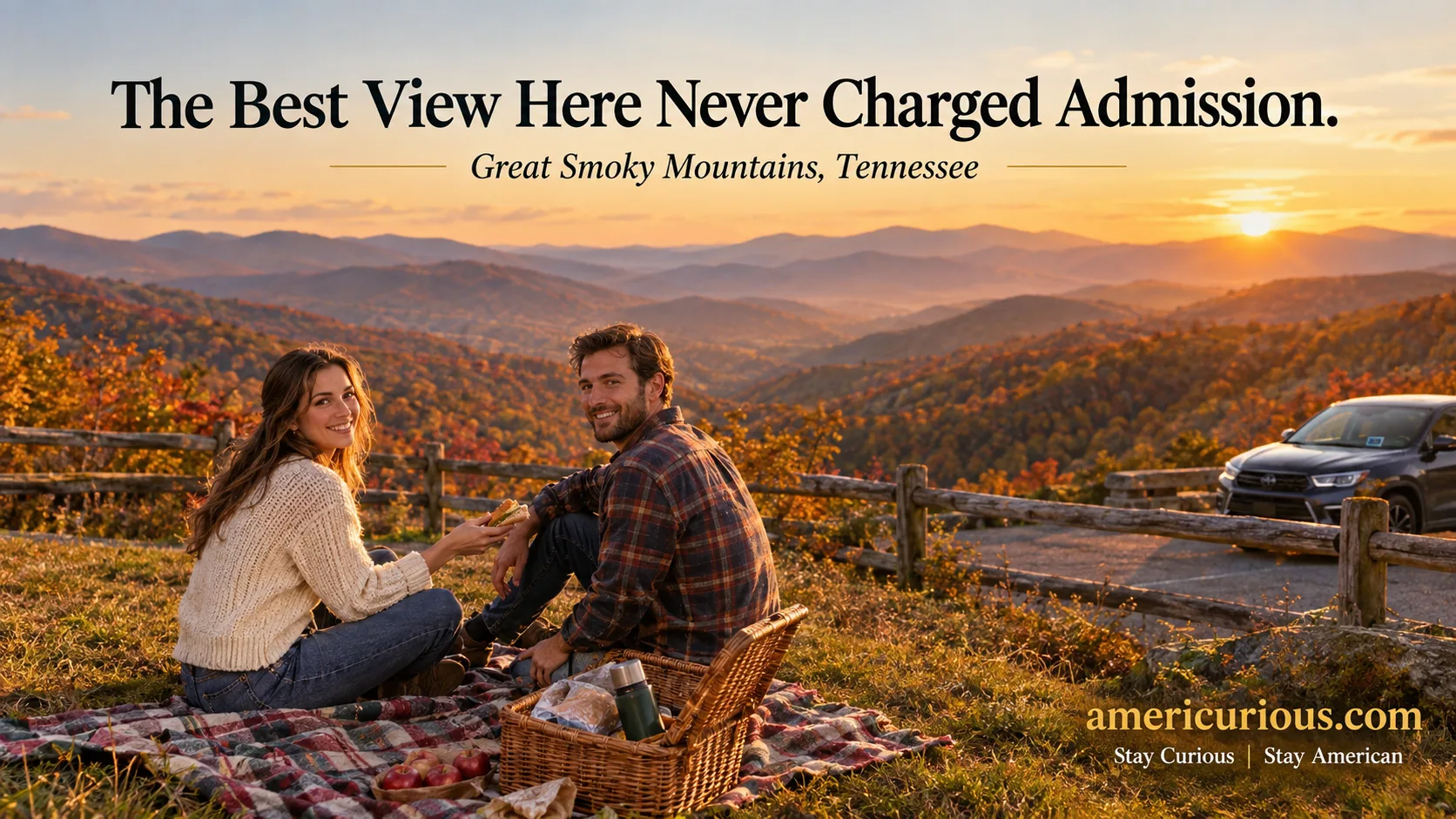 Couple picnicking at Great Smoky Mountains overlook during $500 fall vacation road trip — americurious.com