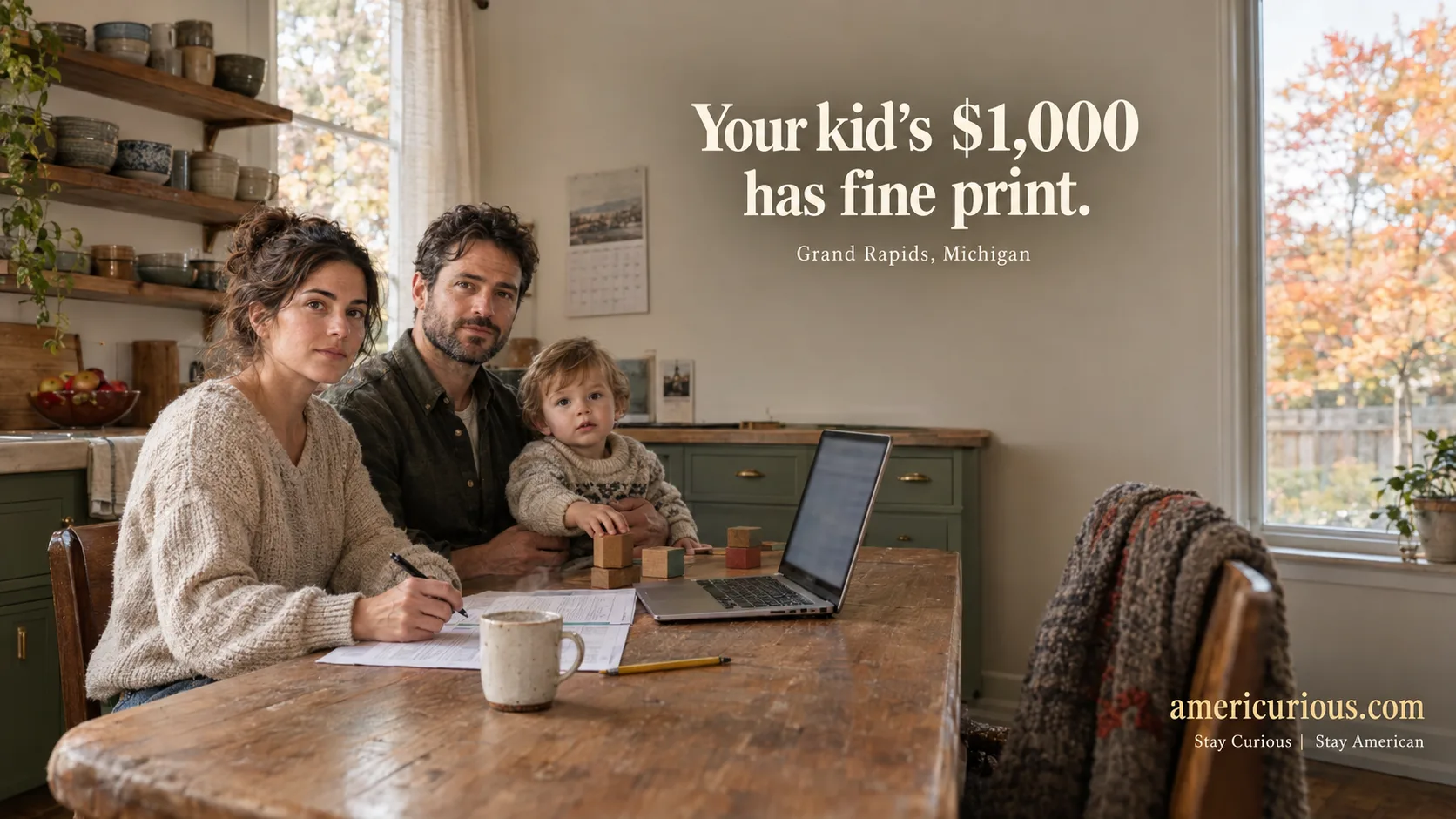 Parents review a Trump Account child 2026 Form 4547 with their toddler at a Michigan kitchen table – americurious.com