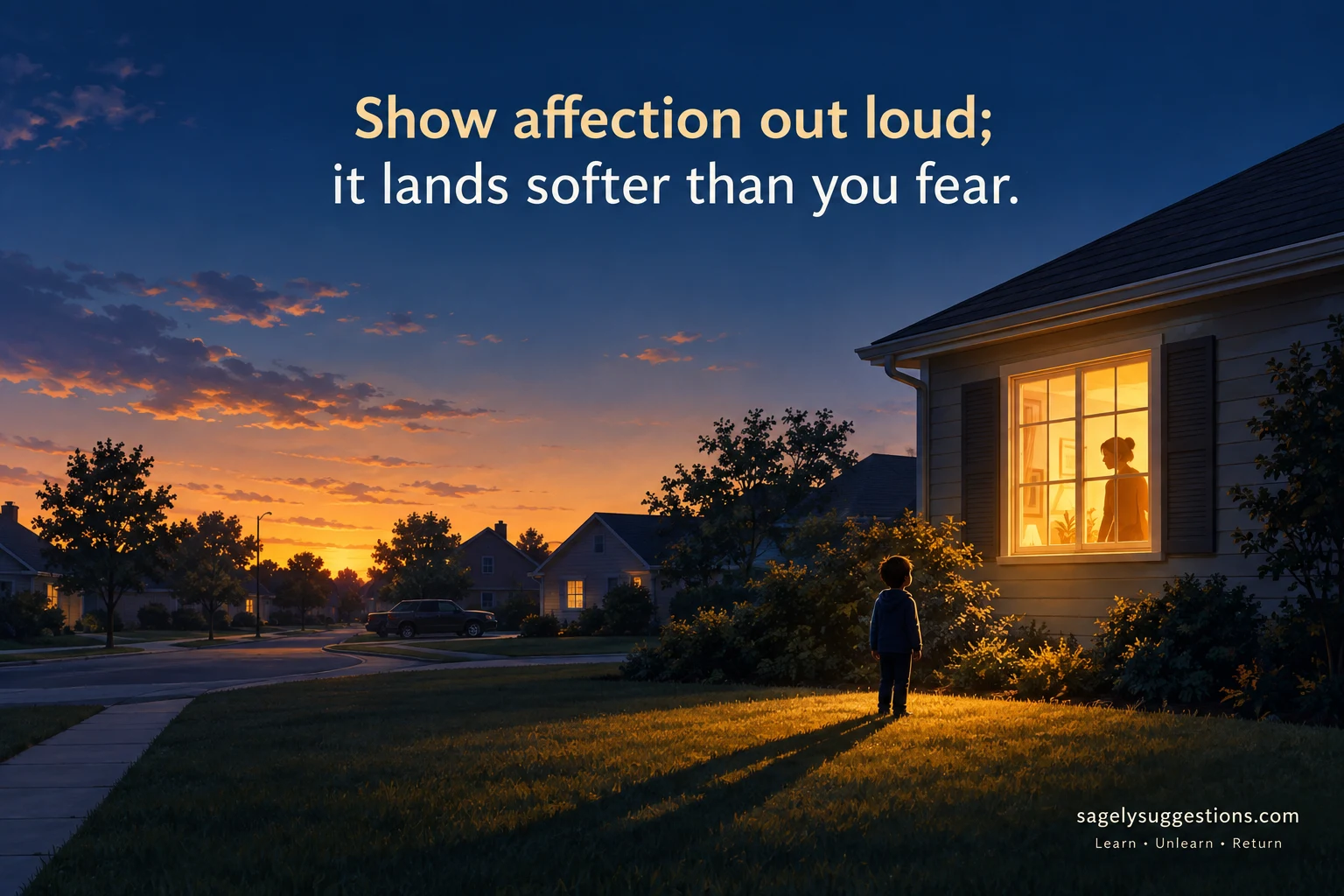 Glowing window at dusk with a figure approaching, illustrating how to show affection to partners, kids, and friends.