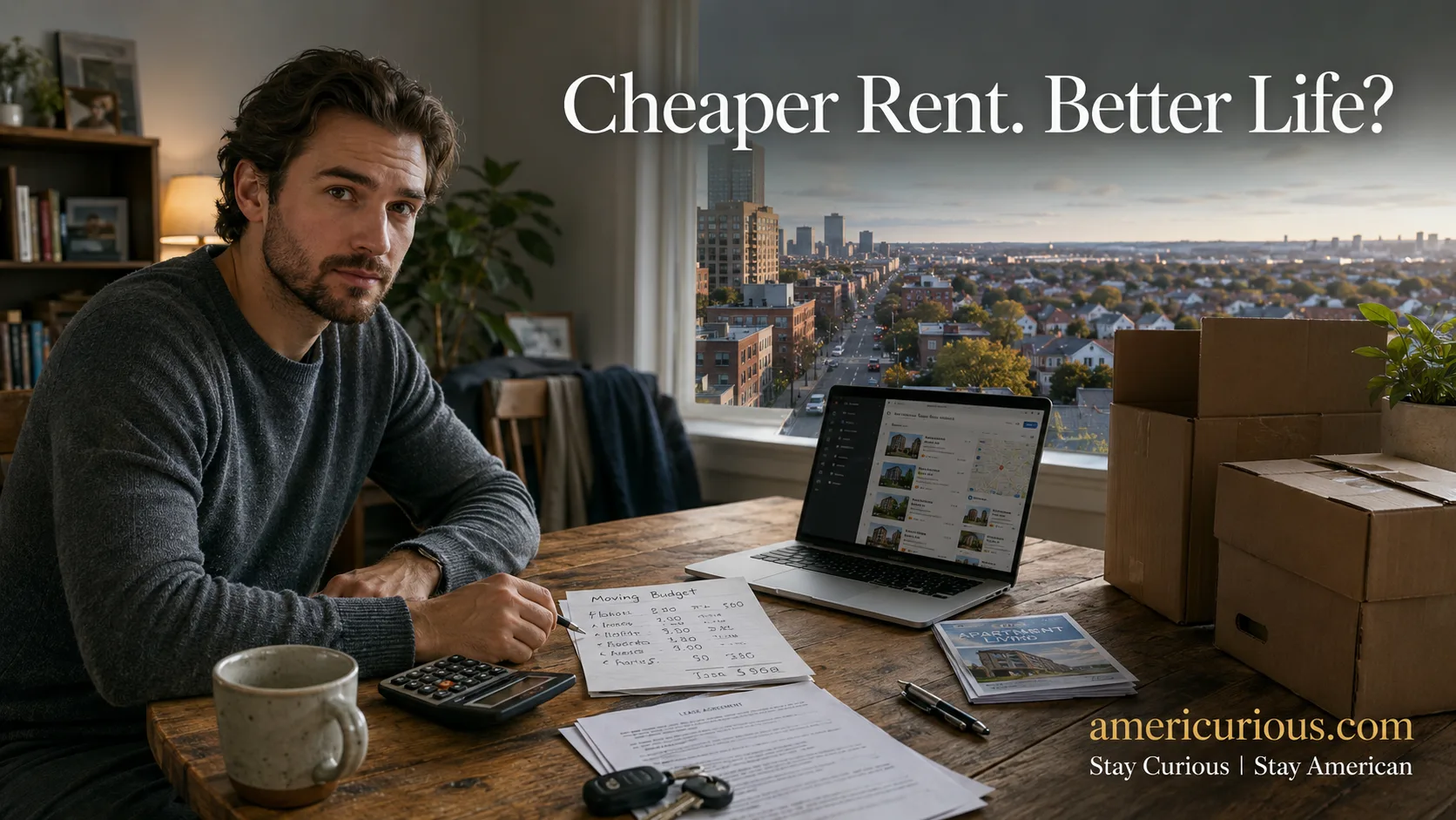 Person comparing moving costs and budget at home before deciding whether moving to save money makes sense | americurious.com