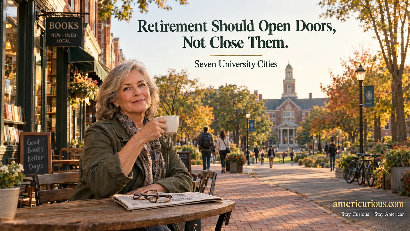 Retiring to a college town: mature resident outside a university-town café, illustrating retirement lifestyle and lifelong learning. americurious.com