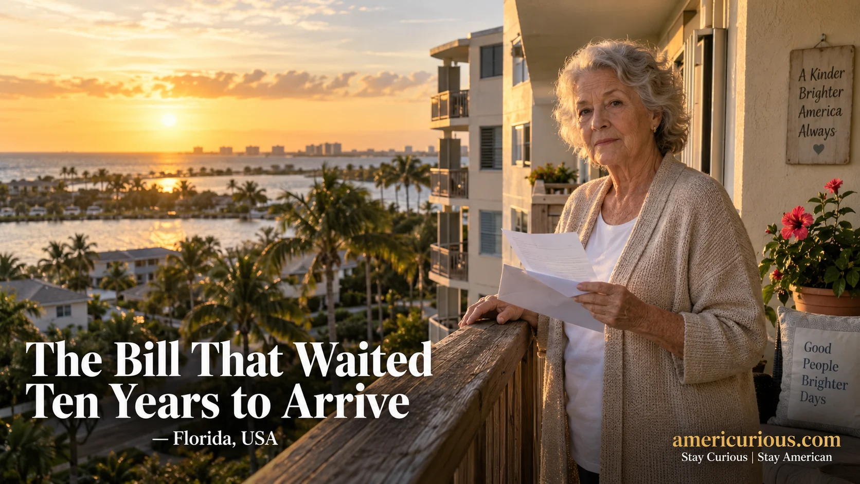 Senior woman reads Florida condo special assessment notice on balcony at golden hour — americurious.com