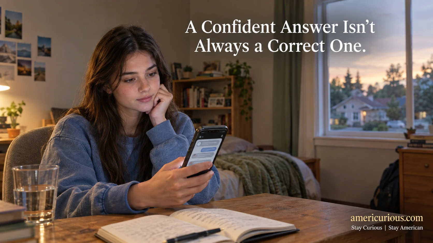 Teenage girl checking AI health information on her smartphone at home, illustrating teens using AI for health advice. AmeriCurious