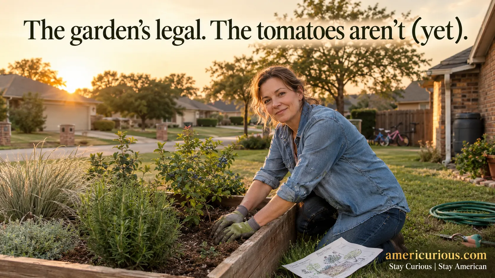 Woman planting a legal front-yard garden in a Texas HOA neighborhood under Texas HOA garden laws 2026 — americurious.com
