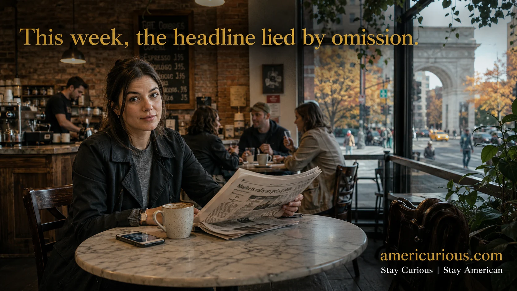 Woman reading US news roundup at NYC café — weekly politics and economy breakdown | americurious.com