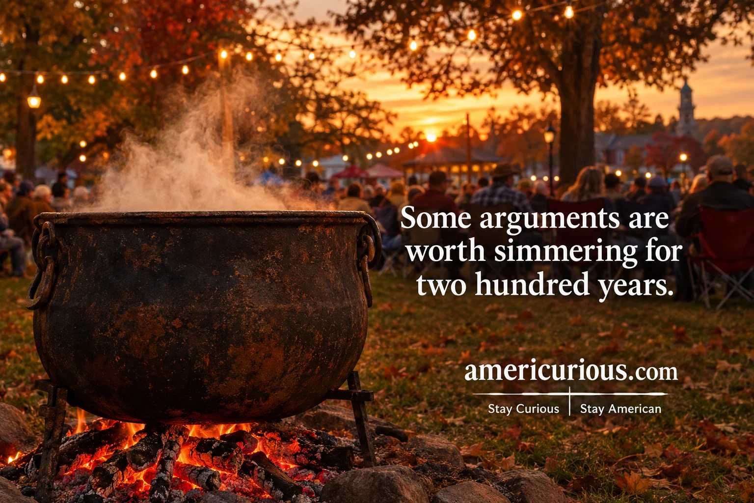A weathered eighty-gallon cast-iron kettle steams over open coals in a dusk-lit small-town park, string lights just flickering on overhead, a crowd in lawn chairs blurred softly in the background, deep amber and rust-orange autumn light.