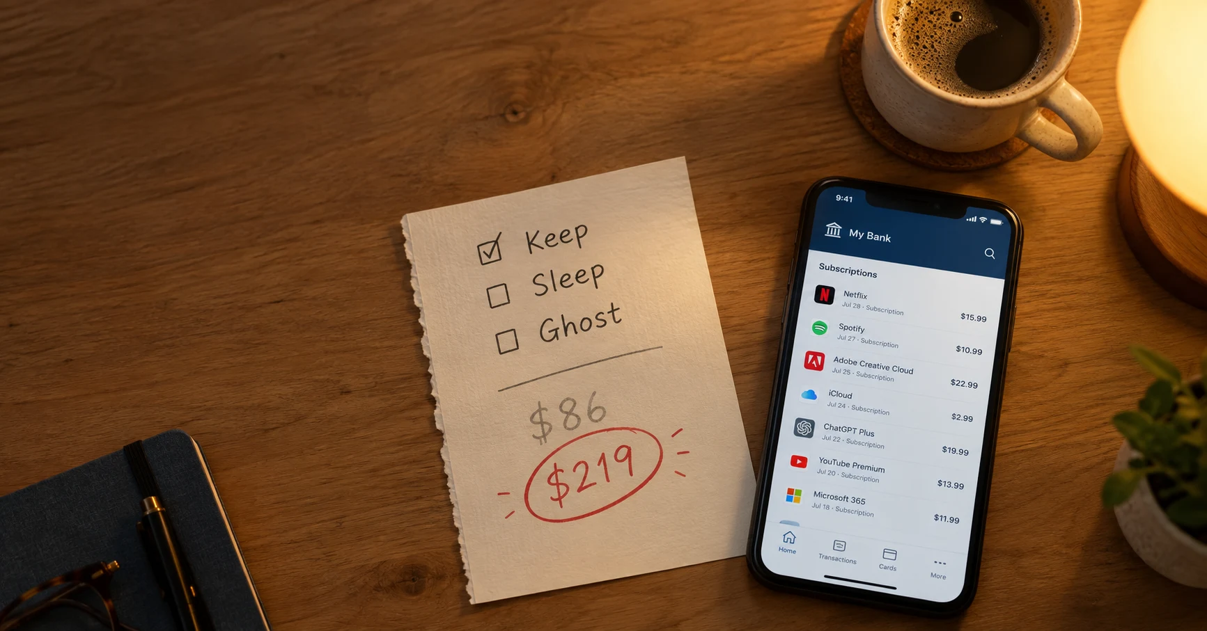 phone showing bank app with multiple small subscription charges
