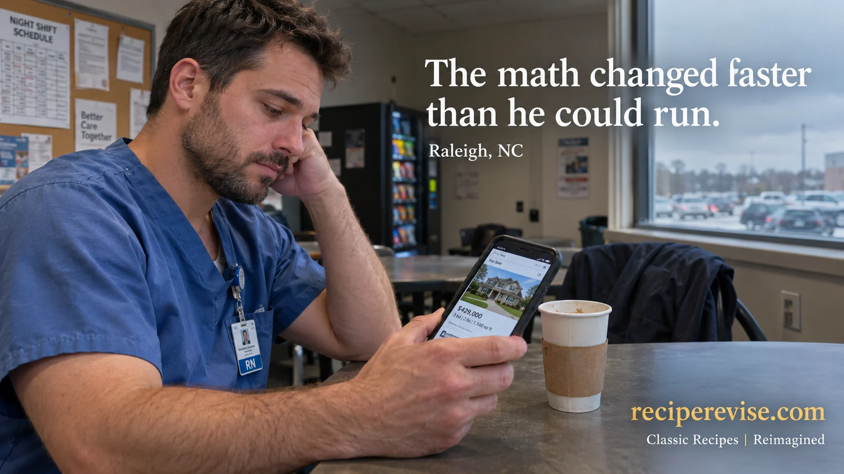 A 32-year-old registered nurse in scrubs sits on a breakroom bench, staring at a real estate listing on his phone with a resigned expression—a first-time homebuyer facing the housing affordability crisis.